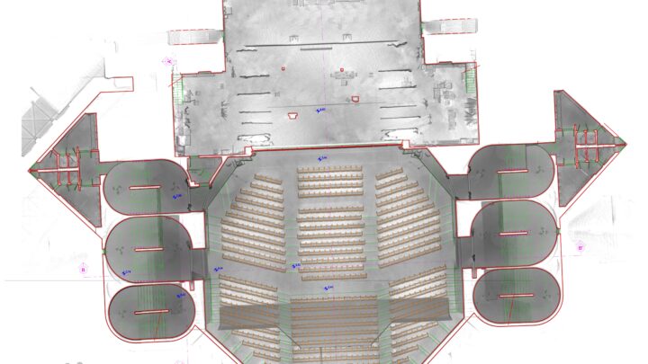 Nuvola di punti dettaglio platea con sovrapposizione lavoro a CAD in scala